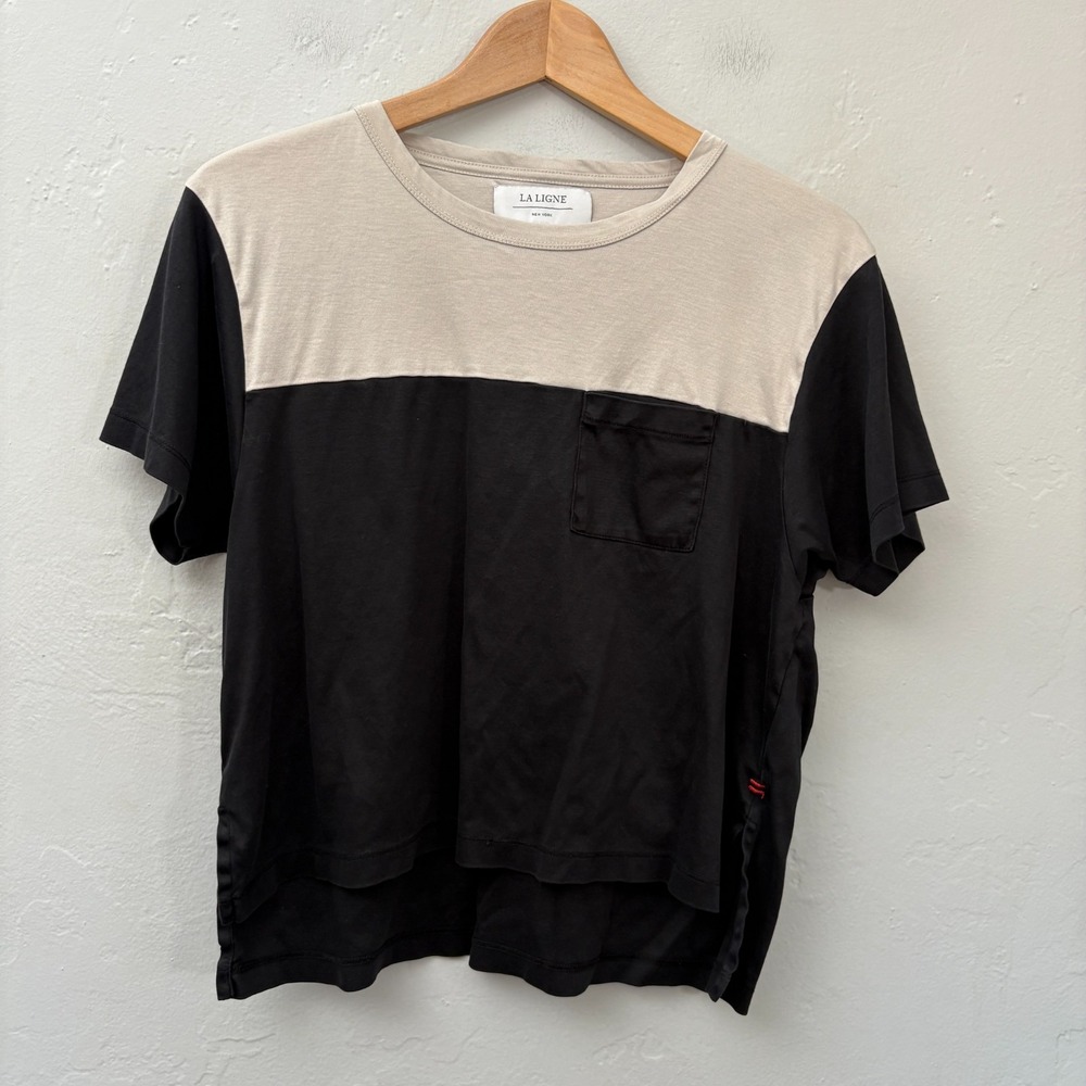 La Ligne Color Block Top Women Size Medium Beige Black Short Sleeve FLAW